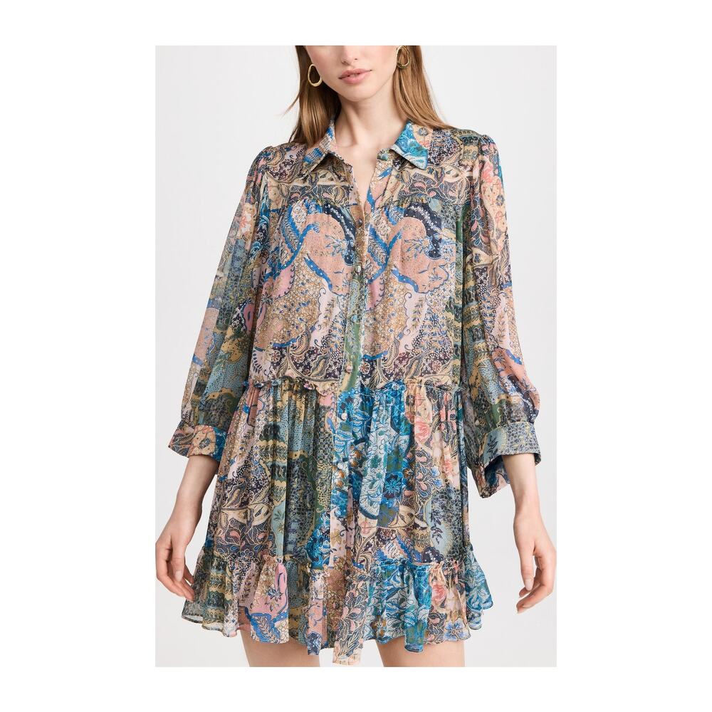 Misa 'Mita' Pink Three Quarter Sleeve Patchwork Print Tiered Dress Size XS - NWT